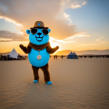 Go Blue Gopher as a Burning Man attendee wearing Burning Man icon
