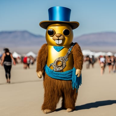 Go Blue Gopher as a Burning Man attendee wearing Burning Man icon
