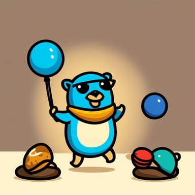 Go Blue Gopher juggling logos of Java Spring Boot and other technologies.
