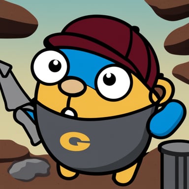 Go Blue Gopher is crushed under the Rust lang logo.