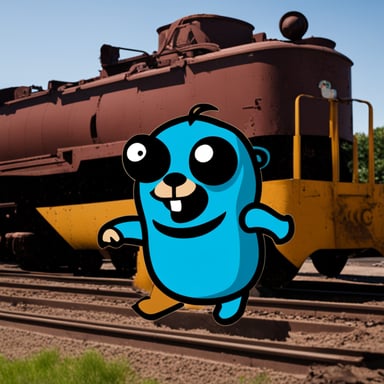 Go Blue Gopher is crushed under the Rust lang logo.