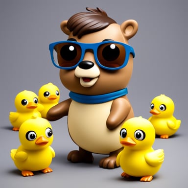 Go Blue Gopher with rubber ducks, green eyes, short brown hair, and glasses.