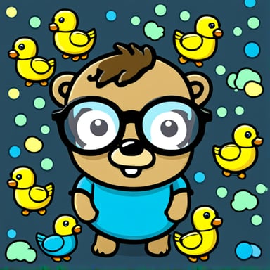 Go Blue Gopher with rubber ducks, green eyes, short brown hair, and glasses.
