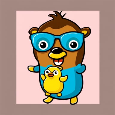 Go Blue Gopher with rubber ducks, green eyes, short brown hair, and glasses.