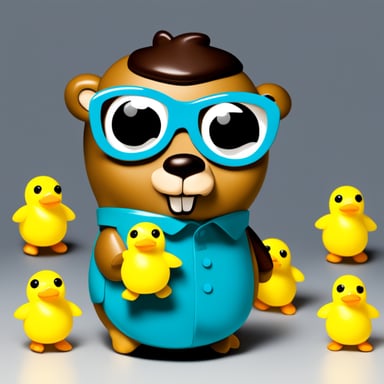 Go Blue Gopher with rubber ducks, green eyes, short brown hair, and glasses.