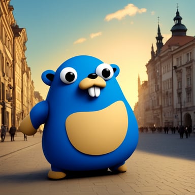 Create an image of Go Blue Gopher as a golem from Prague.