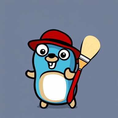 I want Go Blue Gopher on a white background. Go Blue Gopher with a painting brush. Go Blue Gopher wearing a red hat.