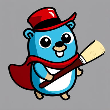 I want Go Blue Gopher on a white background. Go Blue Gopher with a painting brush. Go Blue Gopher wearing a red hat.