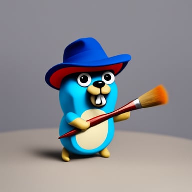 I want Go Blue Gopher on a white background. Go Blue Gopher with a painting brush. Go Blue Gopher wearing a red hat.