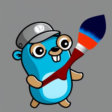 I want Go Blue Gopher on a white background. Go Blue Gopher with a painting brush. Go Blue Gopher wearing a red hat.