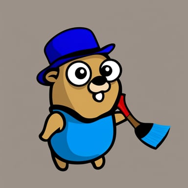Go Blue Gopher with a painting brush. Go Blue Gopher wearing a French red hat. The background of the image must be white. Go Blue Gopher looks right up.