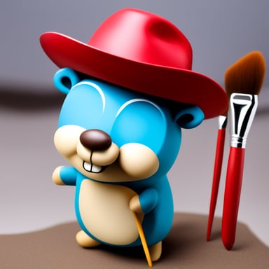 Go Blue Gopher with a painting brush. Go Blue Gopher wearing a French red hat. The background of the image must be white. Go Blue Gopher looks right up.