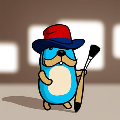 Go Blue Gopher with a painting brush. Go Blue Gopher wearing a French red hat. The background of the image must be white. Go Blue Gopher looks right up.