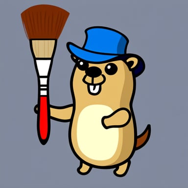 Go Blue Gopher with a painting brush. Go Blue Gopher wearing a French red hat. The background of the image must be white. Go Blue Gopher looks right up.