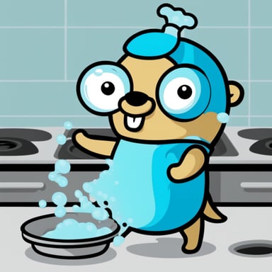 Go Blue Gopher washing the dishes with a sponge and lots of bubbles.