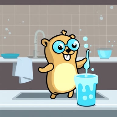 Go Blue Gopher washing the dishes with a sponge and lots of bubbles.