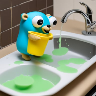 Go Blue Gopher washing the dishes with a sponge and lots of bubbles.