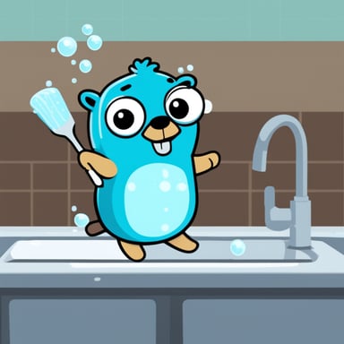 Go Blue Gopher washing the dishes with a sponge and lots of bubbles.
