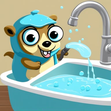Go Blue Gopher washing dishes in the sink with lots of soap bubbles.