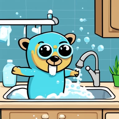 Go Blue Gopher washing dishes in the sink with lots of soap bubbles.