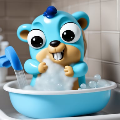 Go Blue Gopher washing dishes in the sink with lots of soap bubbles.