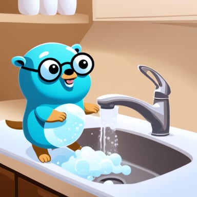 Go Blue Gopher is washing dishes in the sink with lots of soap bubbles.