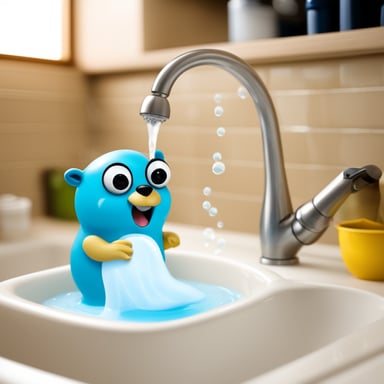 Go Blue Gopher is washing dishes in the sink with lots of soap bubbles.