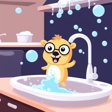 Go Blue Gopher is washing dishes in the sink with lots of soap bubbles.