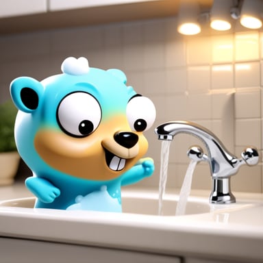 Go Blue Gopher is washing dishes in the sink with lots of soap bubbles.