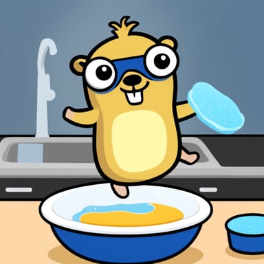Go Blue Gopher washing some plates with a sponge.