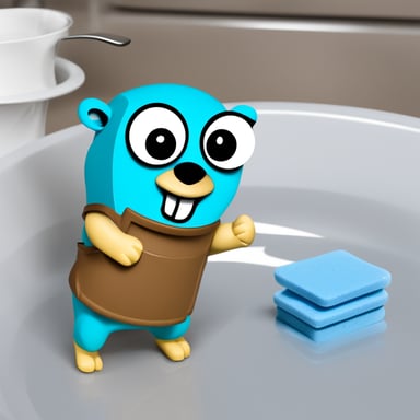 Go Blue Gopher washing some plates with a sponge.