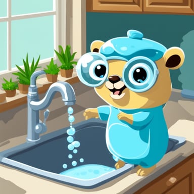 Go Blue Gopher washing dishes with lots of soap bubbles.