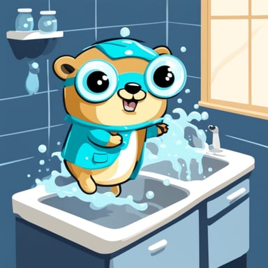 Go Blue Gopher washing dishes with lots of soap bubbles.