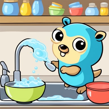 Go Blue Gopher washing dishes with lots of soap bubbles.