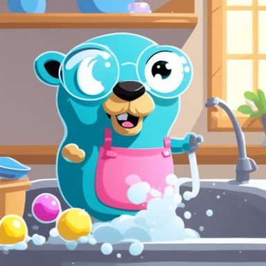 Go Blue Gopher washing dishes with lots of soap bubbles.