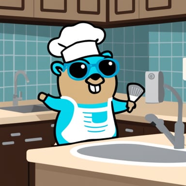 Go Blue Gopher wearing an apron and washing dishes.