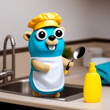 Go Blue Gopher wearing an apron and washing dishes.