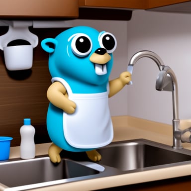 Go Blue Gopher wearing an apron and washing dishes.