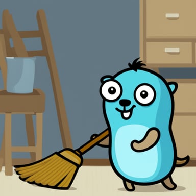 Go Blue Gopher cleaning the house