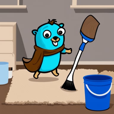 Go Blue Gopher cleaning the house