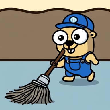 Go Blue Gopher cleaning with a mop and a bucket.