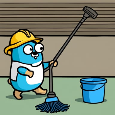 Go Blue Gopher cleaning with a mop and a bucket.
