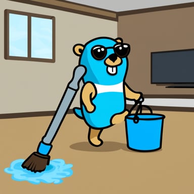 Go Blue Gopher cleaning with a mop and a bucket.