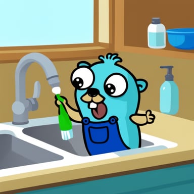 Go Blue Gopher cleaning dishes in the sink.