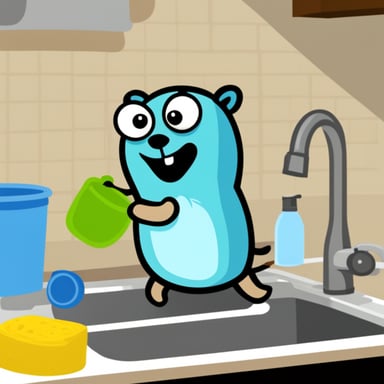 Go Blue Gopher cleaning dishes in the sink.