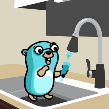 Go Blue Gopher cleaning dishes in the sink.