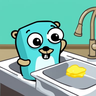 Go Blue Gopher cleaning dishes in the sink.