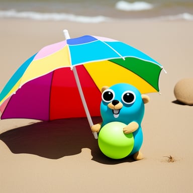 Go Blue Gopher lying on the sunny beach with a parasol and a colourful ball.