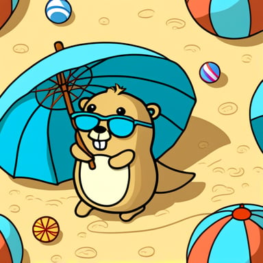 Go Blue Gopher lying on the sunny beach with a parasol and a colourful ball.