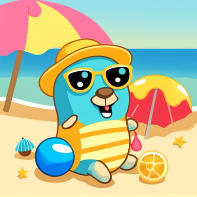 Go Blue Gopher lying on the sunny beach with a parasol and a colourful ball.